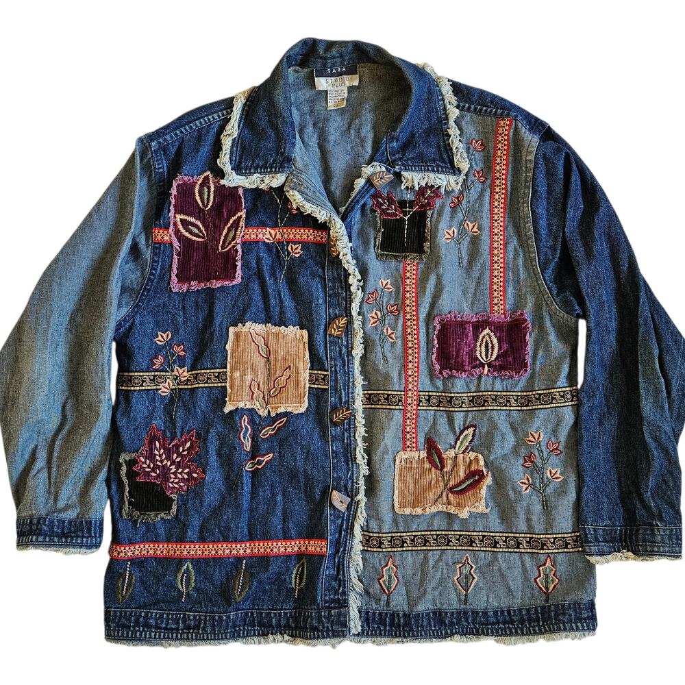 Vintage 90's Patchwork Denim Jacket Button-Up Shi… - image 1
